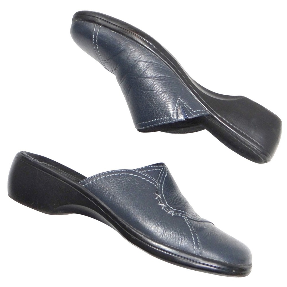 Clarks‎ Womens Navy Leather Slip On Clogs Mules Shoes Size 7 M Style 846 16